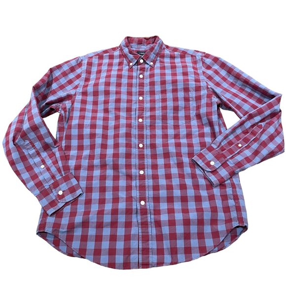 J. Crew Factory Men's Sz M Button Down Shirt Red Blue Check Plaid Long Sleeve - Picture 1 of 7